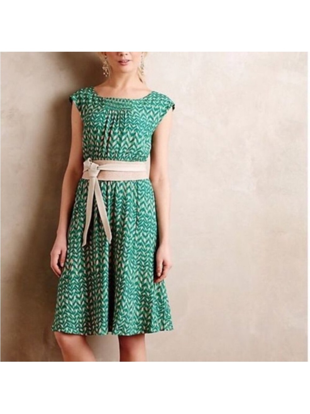 Maeve Evaline Dress in Green Chevron Smocked Waist Dress